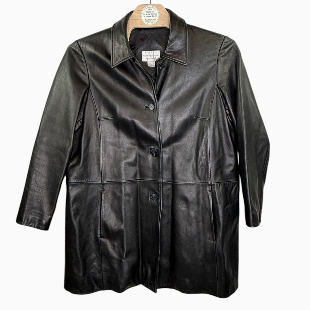 Worthington 1X Black Genuine Lambskin Leather Button Front Coat 33" Long